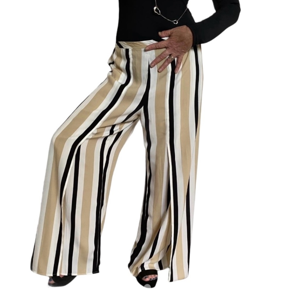 Soft Surroundings Wide Leg High-Rise Womens Striped Pullon Pants Sz PM